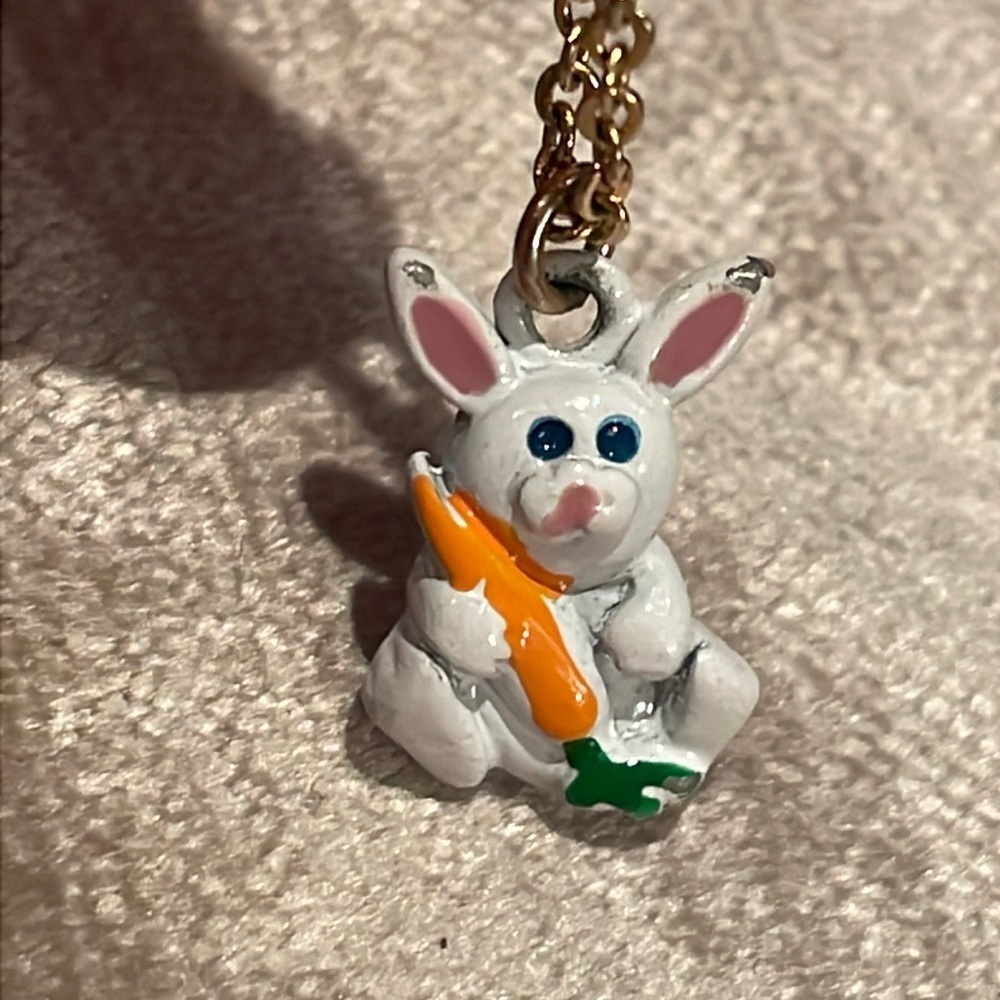 Vintage Dainty Rabbit With Carrot Pendant Necklace 1960s
